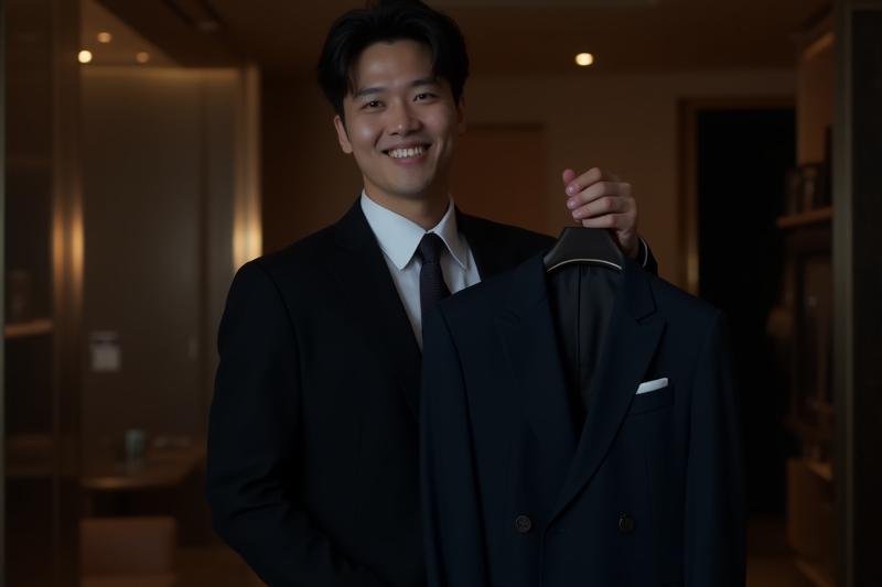 맞춤 수트를 전달받는 고객