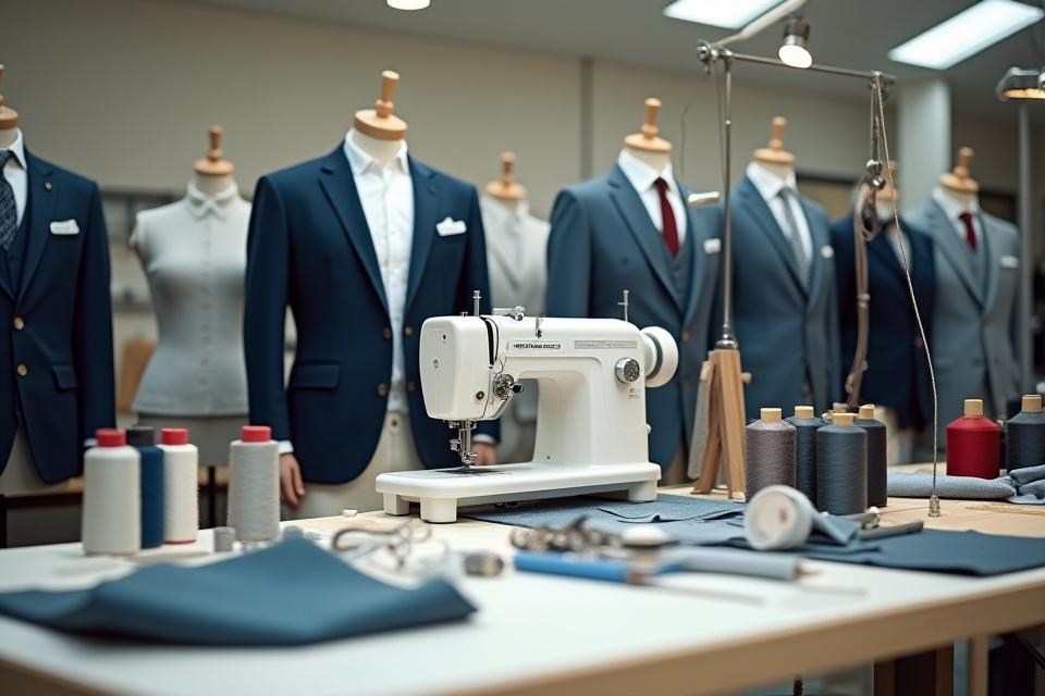 전통적인 기술과 현대적인 도구가 조화를 이루는 깨끗하고 질서 정연한 테일러 작업장의 상세한 모습. 고급 원단과 패턴이 강조됩니다.